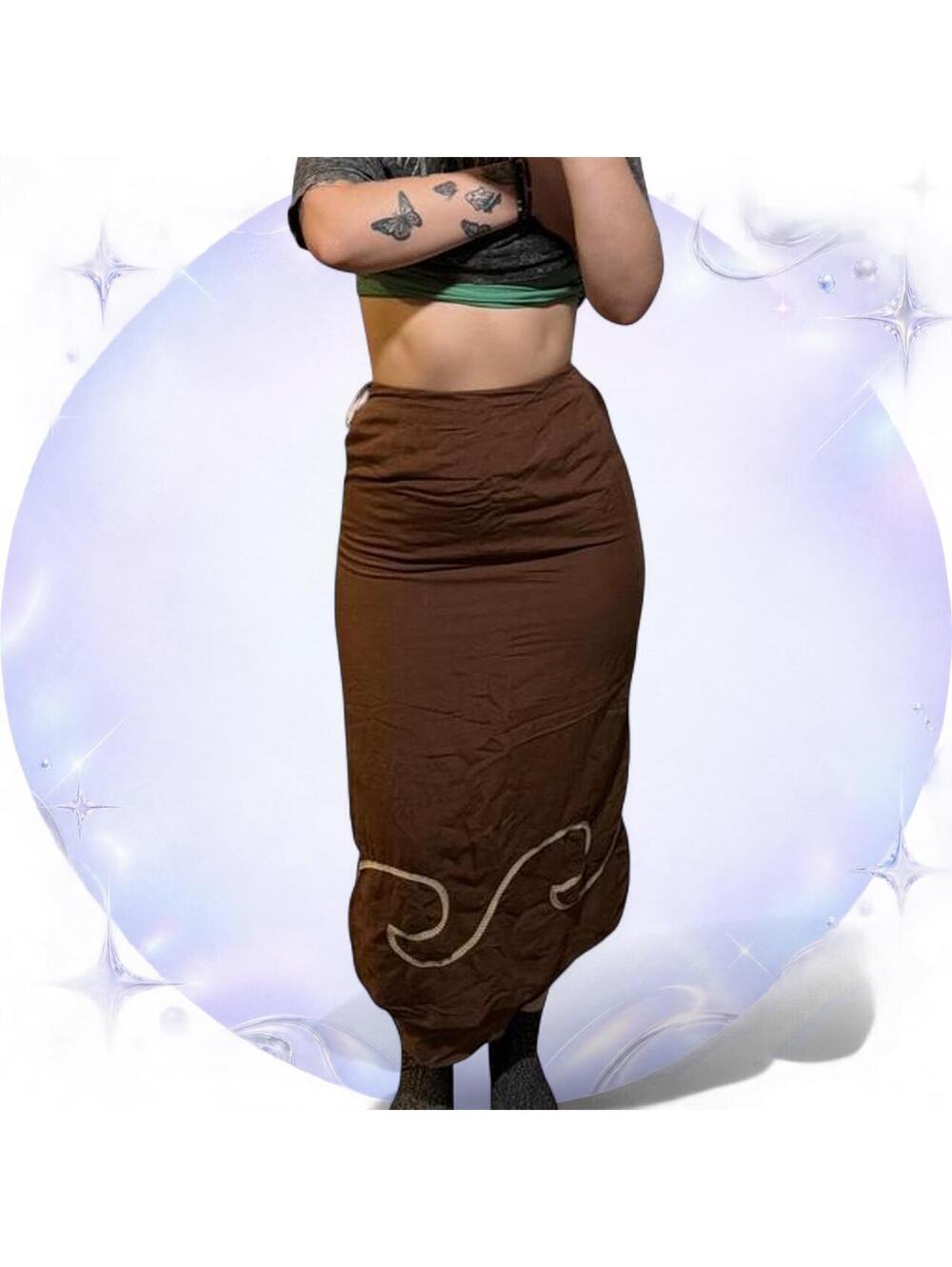 MON RENN Fresco Brown Embroidered Linen Maxi Skirt Small